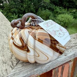 NEW Shabby Chic Glass Pumpkin 5” Tall White Mocha Brown Marbled Pumpkin
